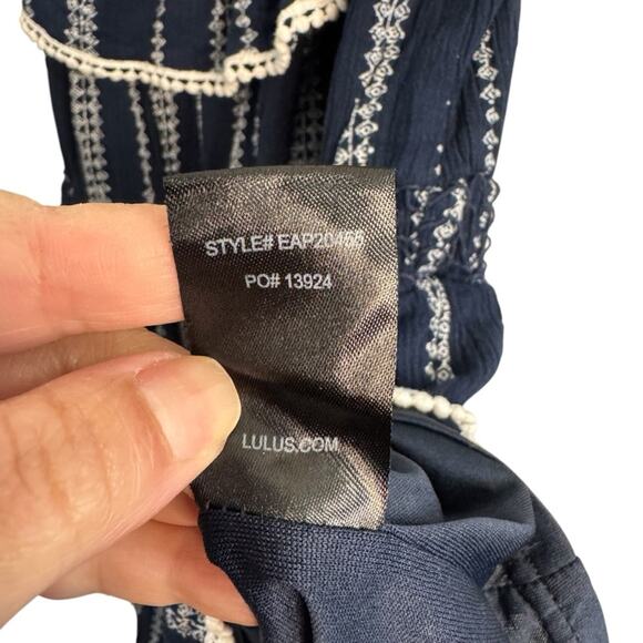 Lulus See Ya There Navy Blue Print Off The Shoulder Romper - Picture 8 of 8